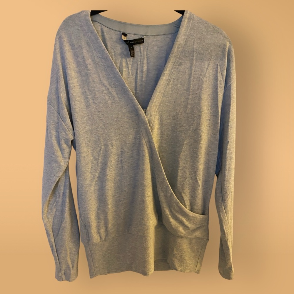 White House Black Market WHBM Blue Grey Wrap Front Sweater, Long Sleeves, SM